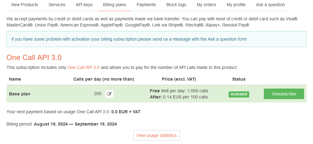 OpenWeatherMap free billing plan